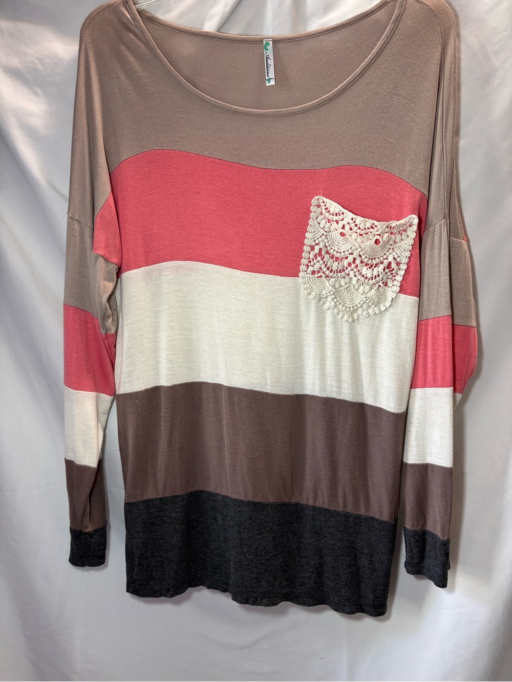 Boutique Color Block Long Sleeve Top with Crochet Lace Pocket, Size Small